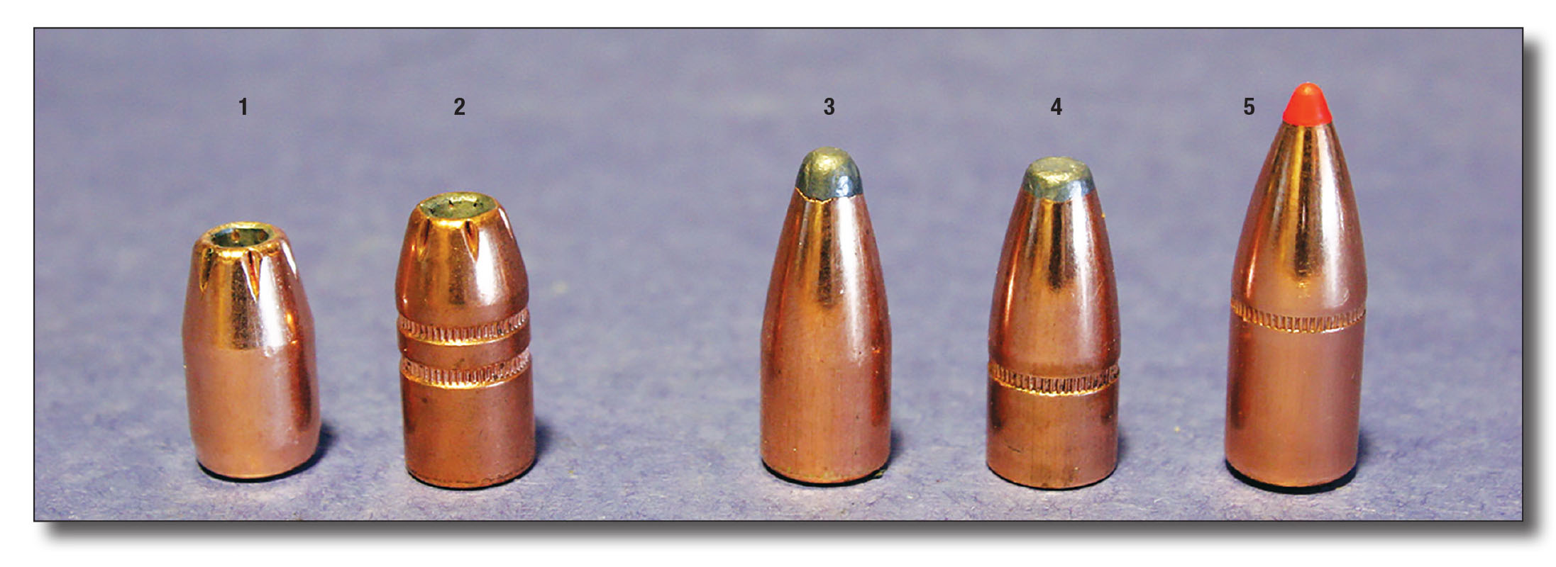 The five bullets tested in the handloads were the: (1) Hornady 147-grain 9mm XTP, (2) Hornady 180-grain .357 XTP, (3) Hornady 170-grain 9mm Interlock Spire Point, (4) Speer 180-grain .358 flatnose and (5) Hornady 200-grain .358 FTX. The .357 and .358 diameter bullets were sized down in a Lee die.